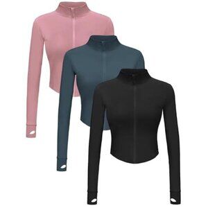 Womens Cropped Full Zip Workout Jacket Slim Fit Athletic Gym Yoga Sports Top